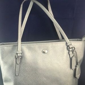 Coach Peyton Leather Silver Zip Top Tote